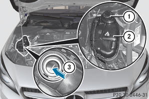 Mercedes-Benz Cla-Class: Sprawdzanie Poziomu Płynu Chłodzącego - Sprawdzanie Poziomu I Uzupełnianie Innych Materiałów Eksploatacyjnych - Komora Silnika - Czyszczenie I Konserwacja
